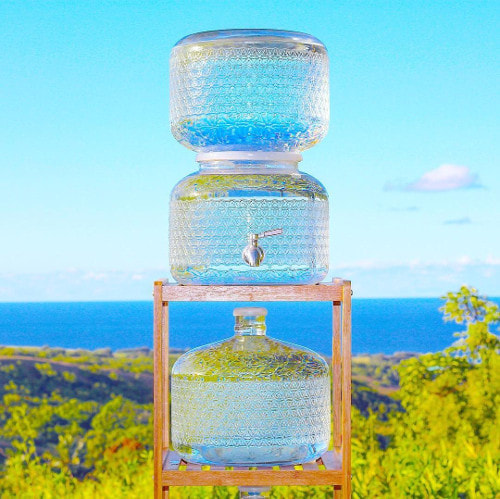 A jug of Live Water’s raw water, which comes in custom-made glass containers. Photograph livespringwater.com